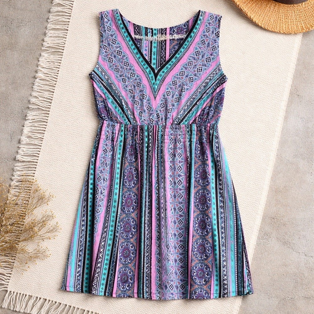 Soma Live Loungewear M‎ Sleeveless Tunic Mini Dress Purple Aqua Cinch Waist